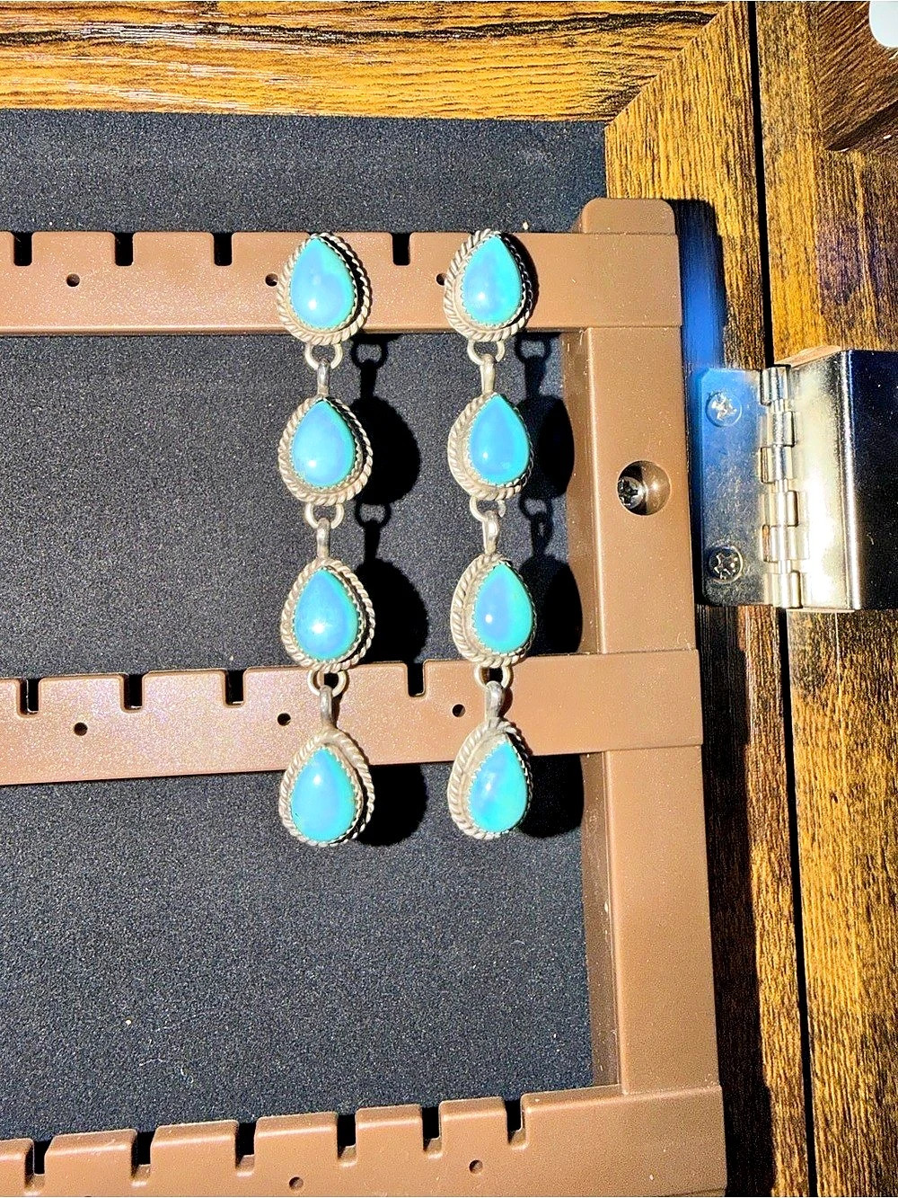 Turquoise Drop Earrings in Blue & Silver Navajo made and stamped F